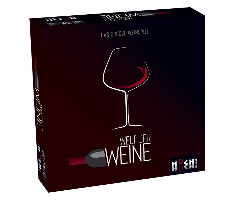 Verpackung des Spiels »Welt der Weine« mit einer Illustration eines Weinglases und einer Weinflasche.