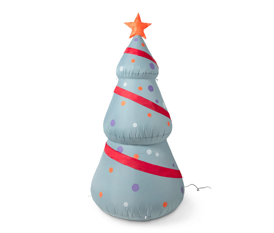 Aufblasbarer XXL-LED-Tannenbaum mit rotem Band und bunten Punkten.