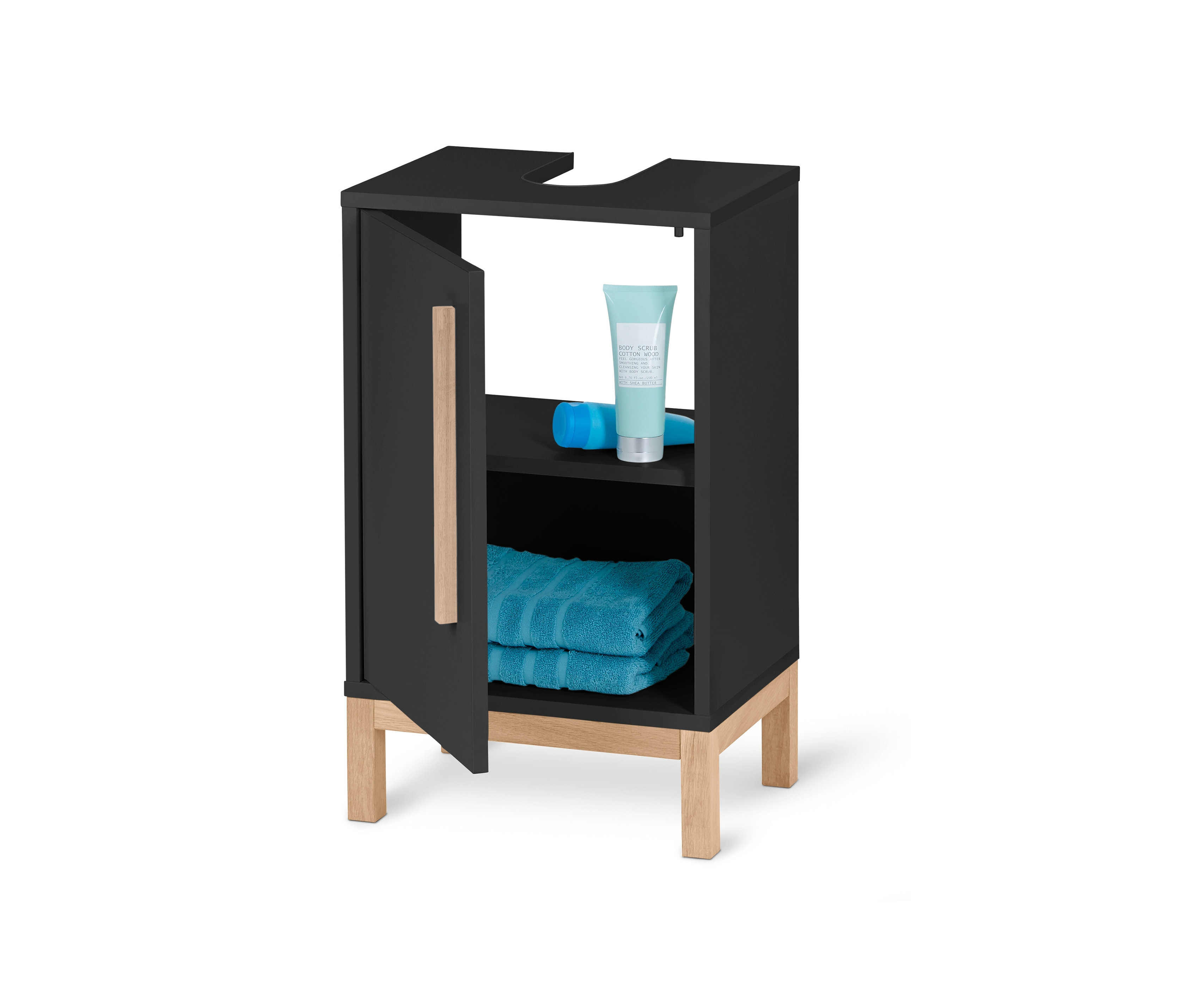 Kleiner, anthrazitfarbener Waschbeckenunterschrank Eklund mit offener Tür, im Inneren Handtücher und Kosmetika.