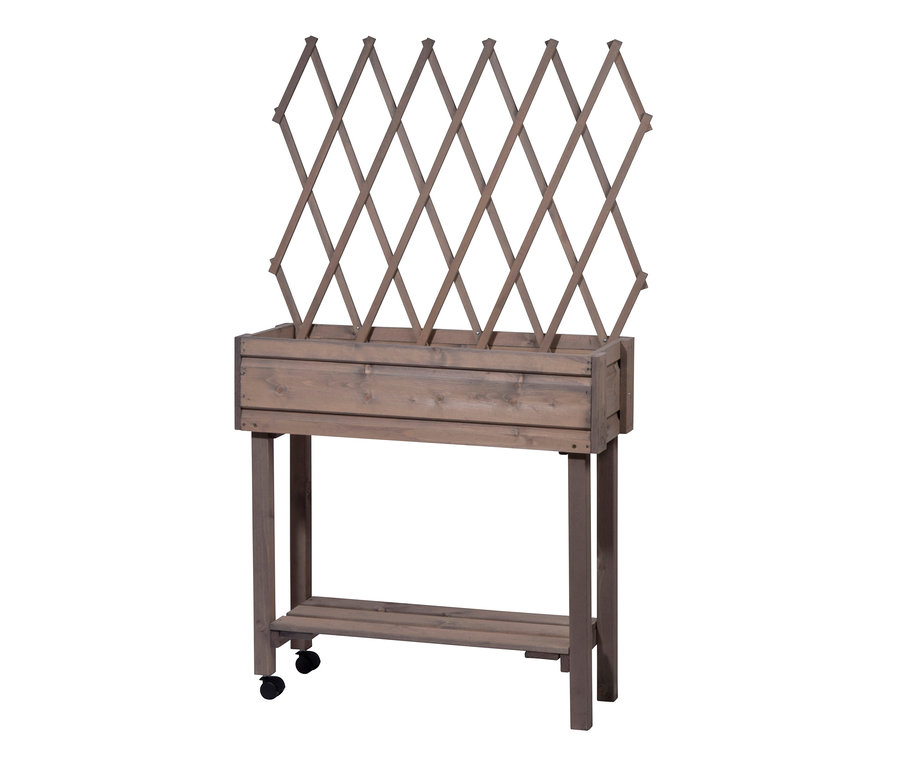 Anthrazitfarbenes Hochbeet mit Rankgitter.