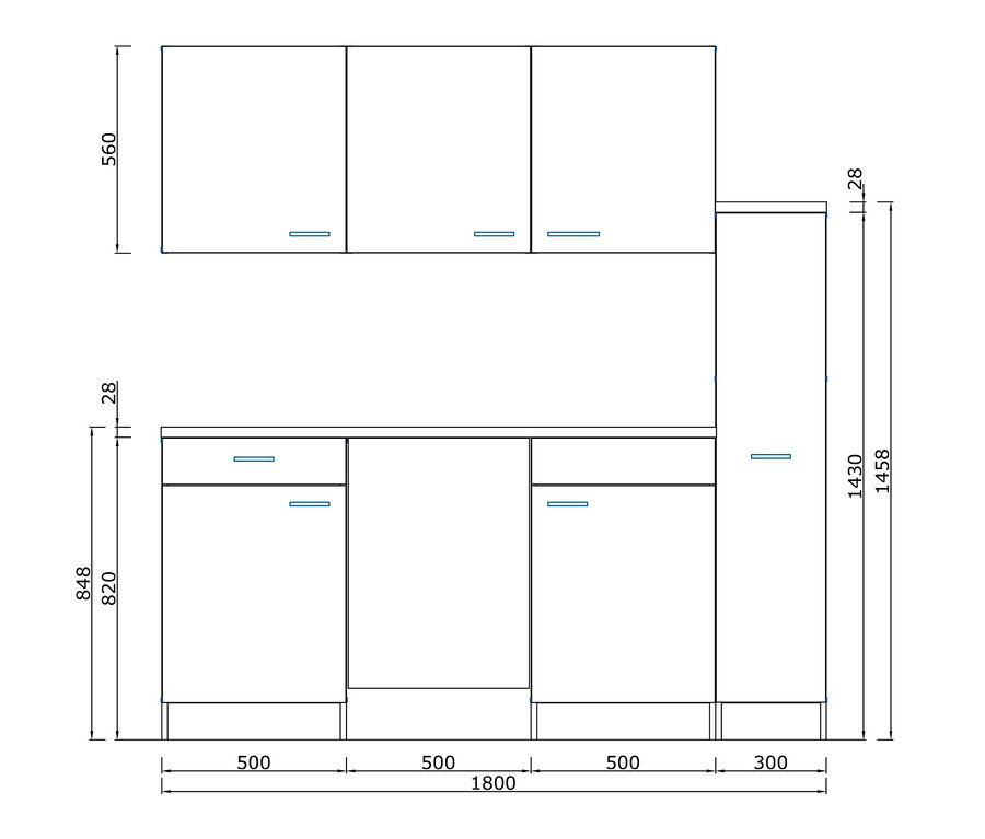 Schema eines Respekta Economy Küchenblocks, ca. 180 cm, in Weiß und Grau.