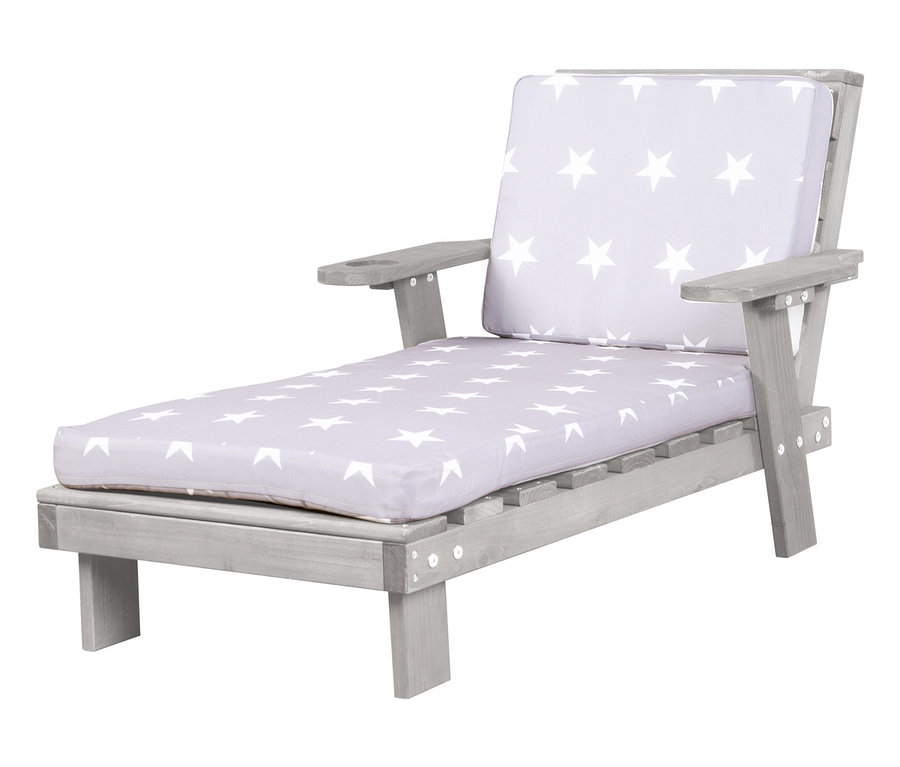 Graue roba Outdoor-Kinderliege mit weißen Sternen auf den Kissen.