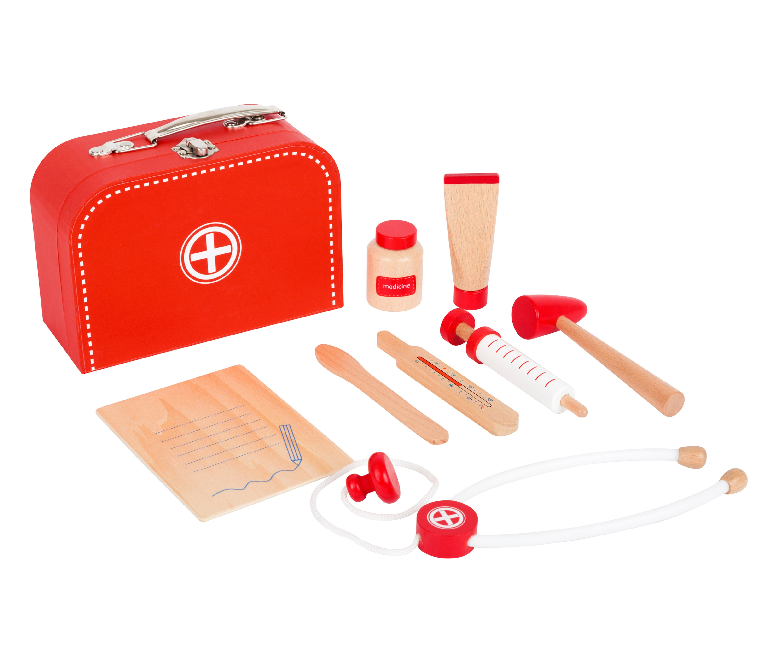 Roter Arztkoffer-Spielset mit medizinischen Instrumenten.