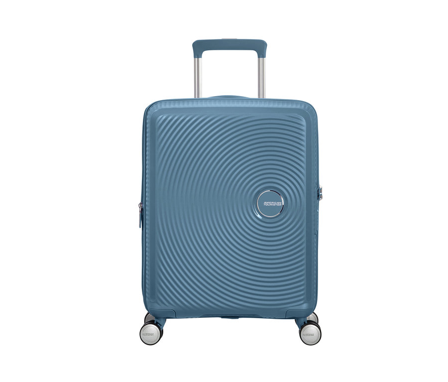 Blauer American Tourister Hartschalen-Koffer »Soundbox« Spinner, klein, stone blue mit Teleskopgriff.