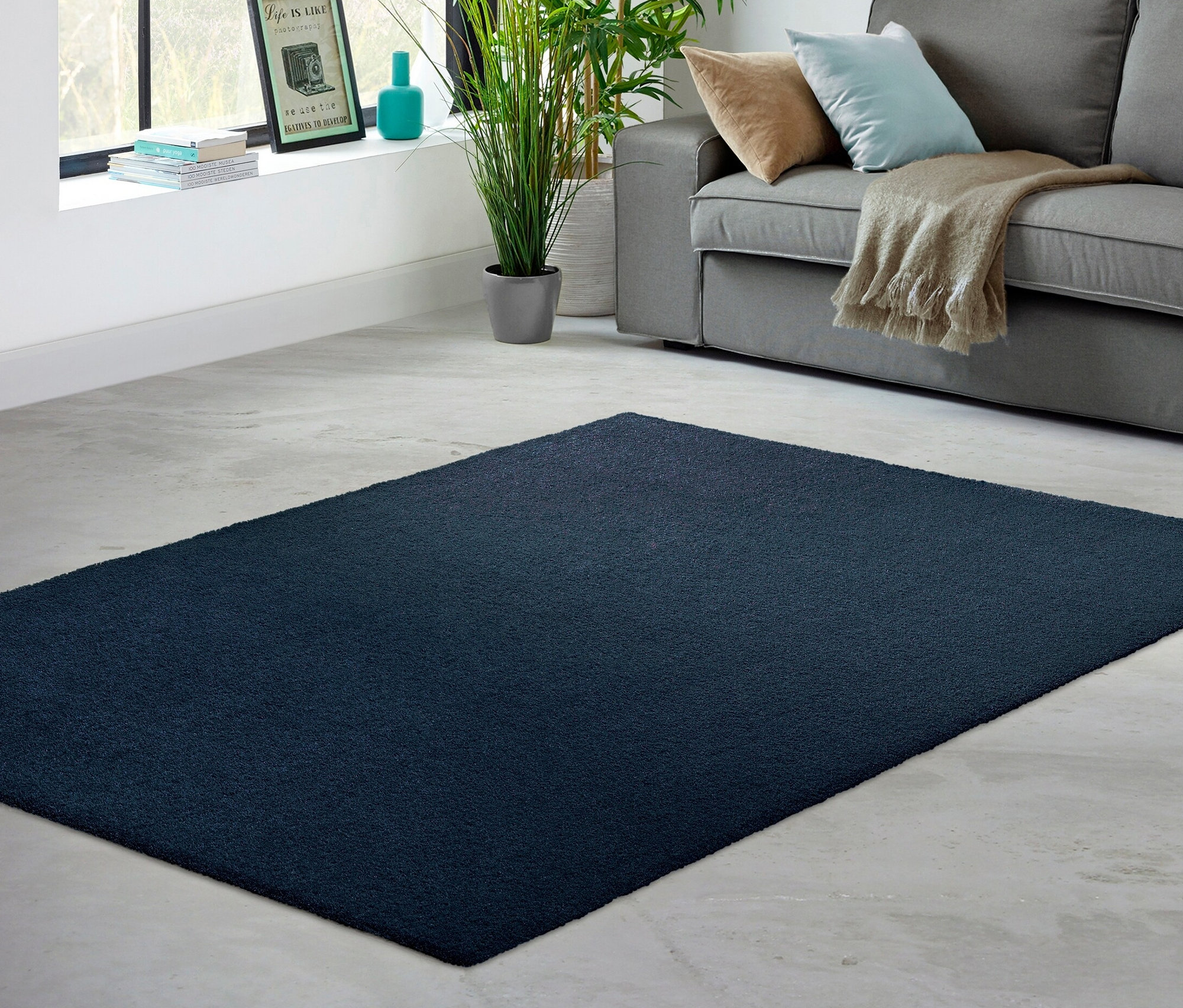 Im Vordergrund befindet sich ein blauer Teppich »Mellow«, im Hintergrund ein Wohnzimmer mit Sofa, Fenster und Pflanzen.