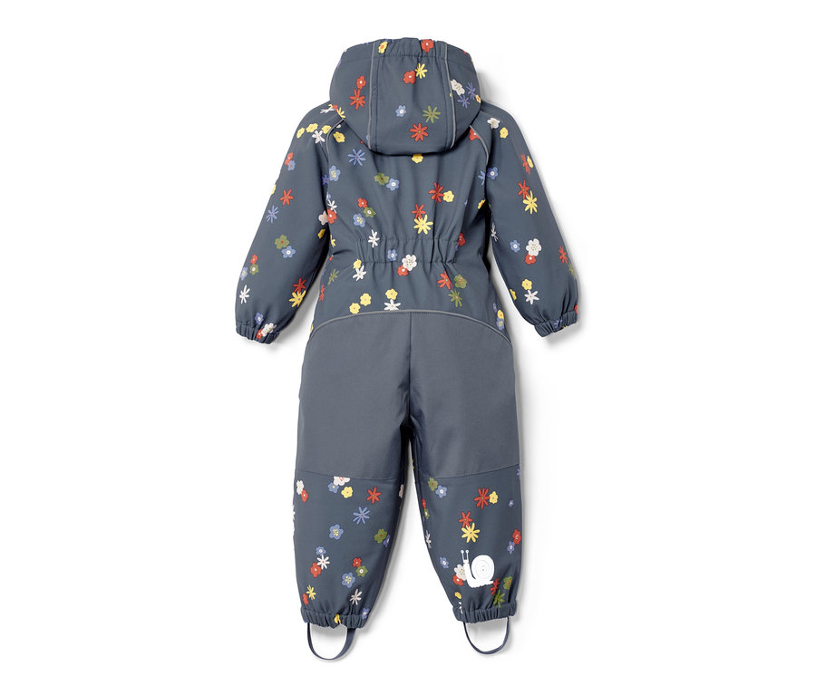 Blauer Kleinkind-Softshell-Einteiler mit Blumenmuster und Schnecke am Bein.
