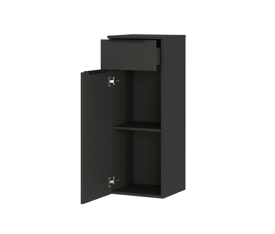 Ein schwarzer Dalvik Schrank mit offener Tür und einer herausgezogenen Schublade.