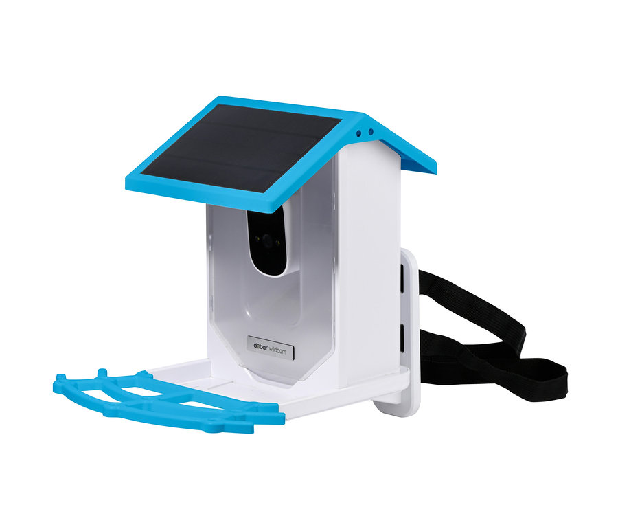 Nahaufnahme eines Vogel-Futterhauses »EAZY« mit Solarpanel und WLAN-Kamera.