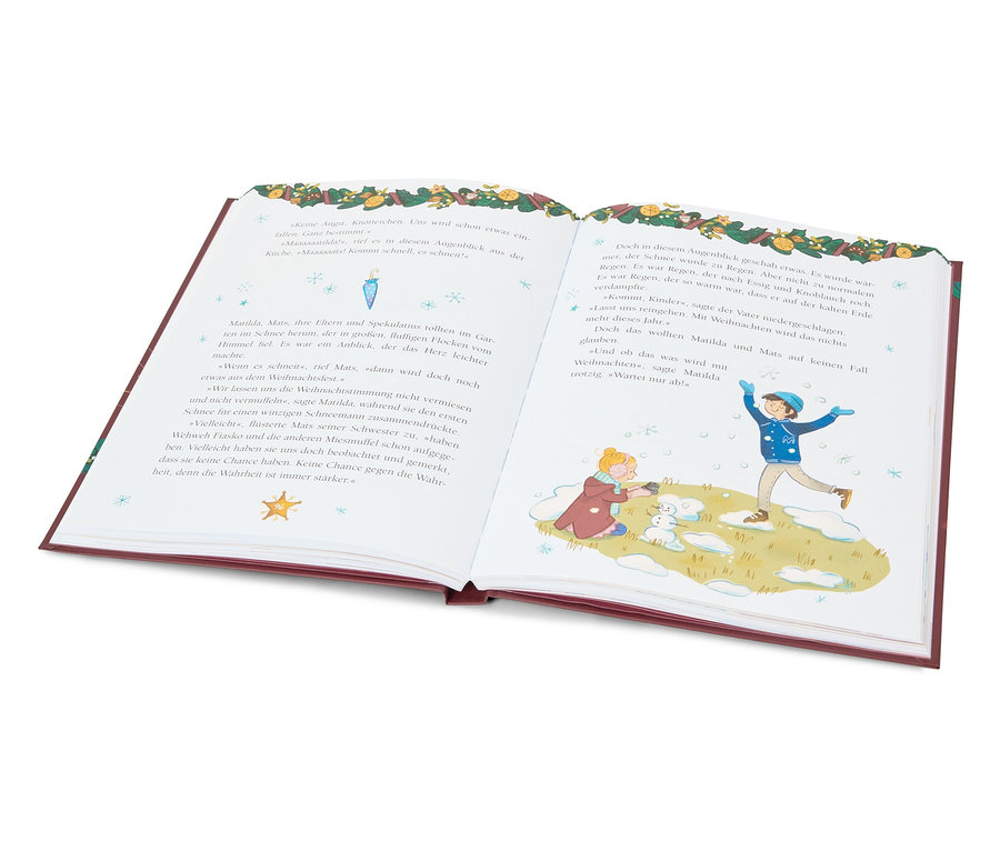 Offenes Buch mit einer Illustration von zwei Kindern, die im Schnee spielen.