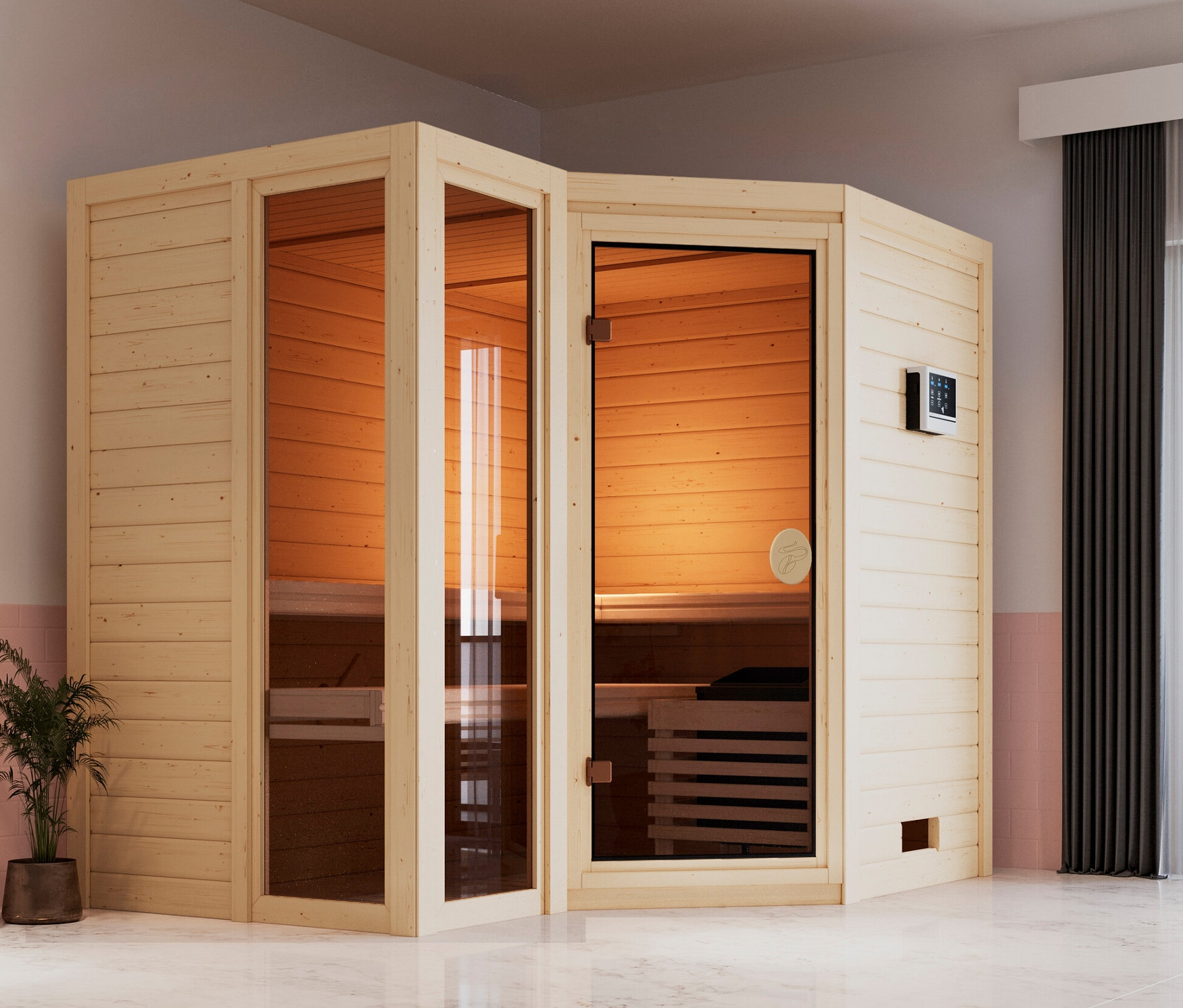 Karibu Sauna »Ayla«, Eckeinstieg im Badezimmer.