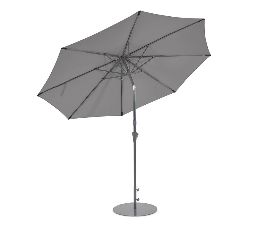 Grauer Leco Sonnenschirm, Ø 300 cm, inklusive Abdeckhaube.