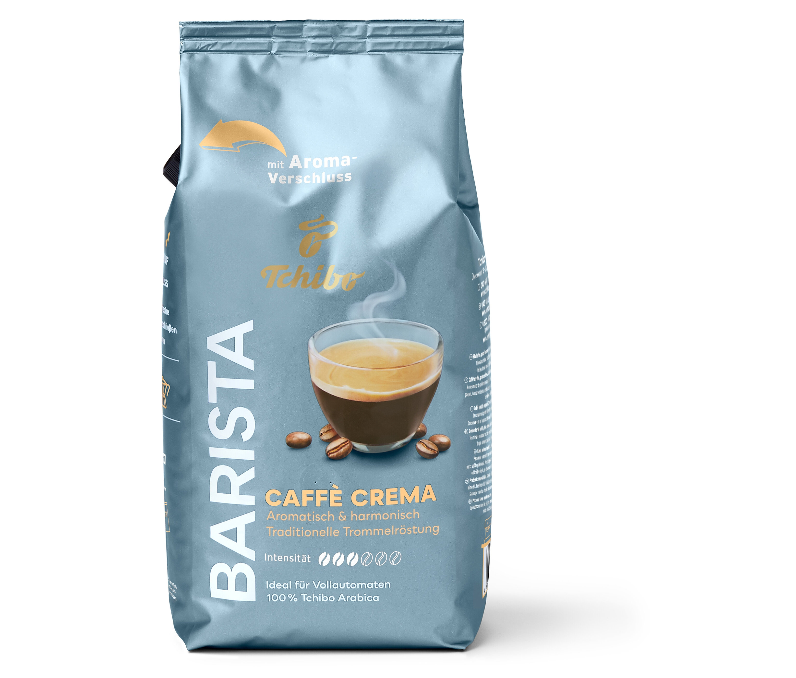 Blaugraue Packung Tchibo Barista Caffè Crema Kaffee. Auf der Packung sind eine Tasse Kaffee und Kaffeebohnen abgebildet.