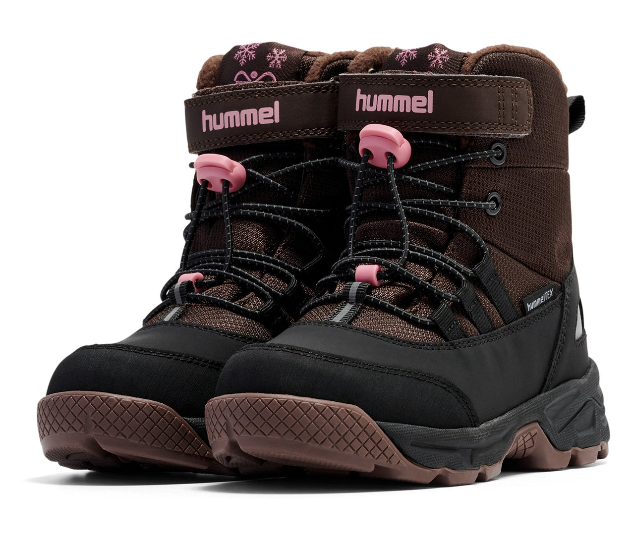 Zwei Hummel Snow Boot Tex, rosa, schwarz und braun.