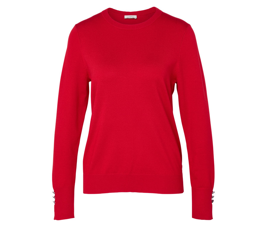 Roter Pullover mit langen Ärmeln und Knöpfen an den Manschetten.