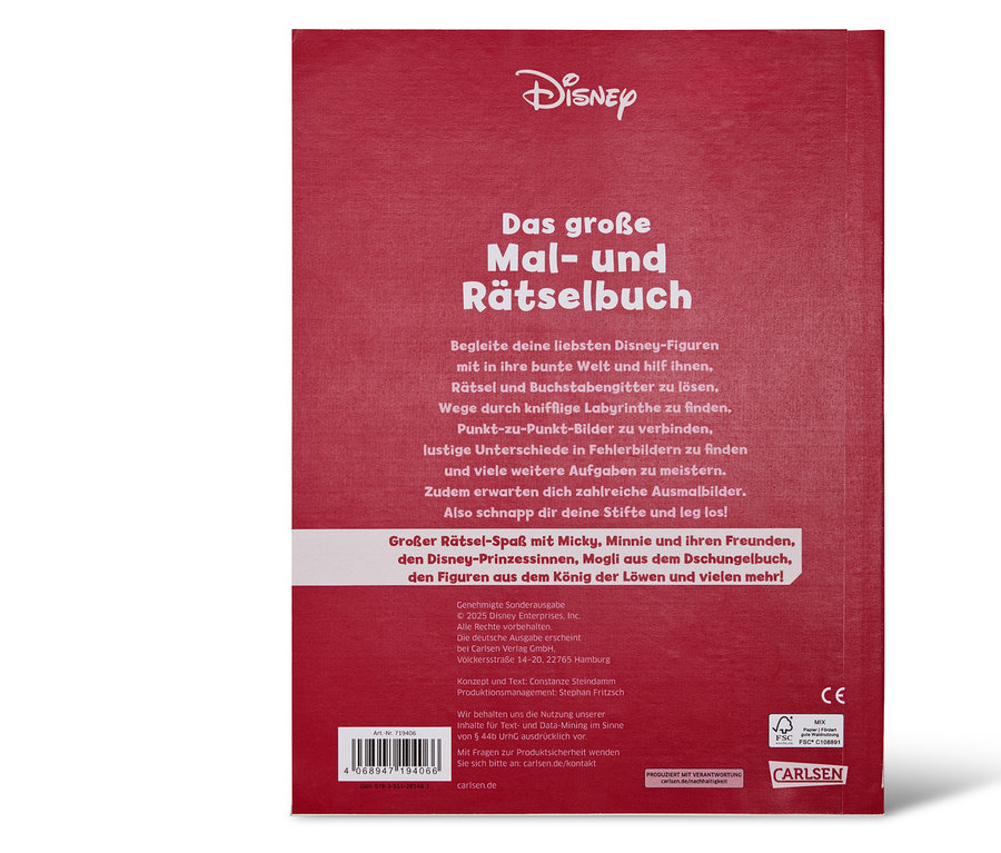 Ein rotes Buch mit dem Titel Disney Das große Mal- und Rätselbuch.