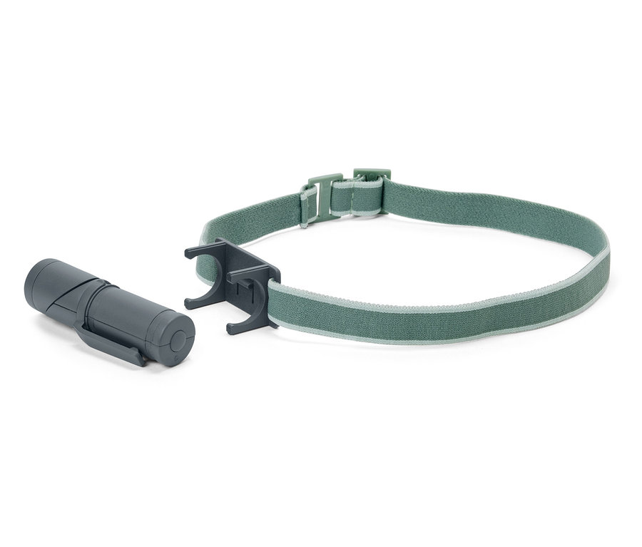 Graue 2-in-1-LED-Multifunktionsleuchte mit elastischem, grünem Stirnband.
