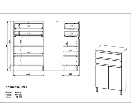 Diagramme und Abmessungen der Kommode »Salinas«, kaschmir.