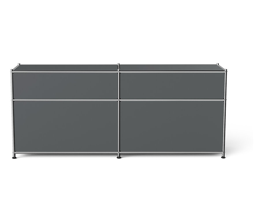 Grauer Schrank mit vier Fächern und einem Metallrahmen.