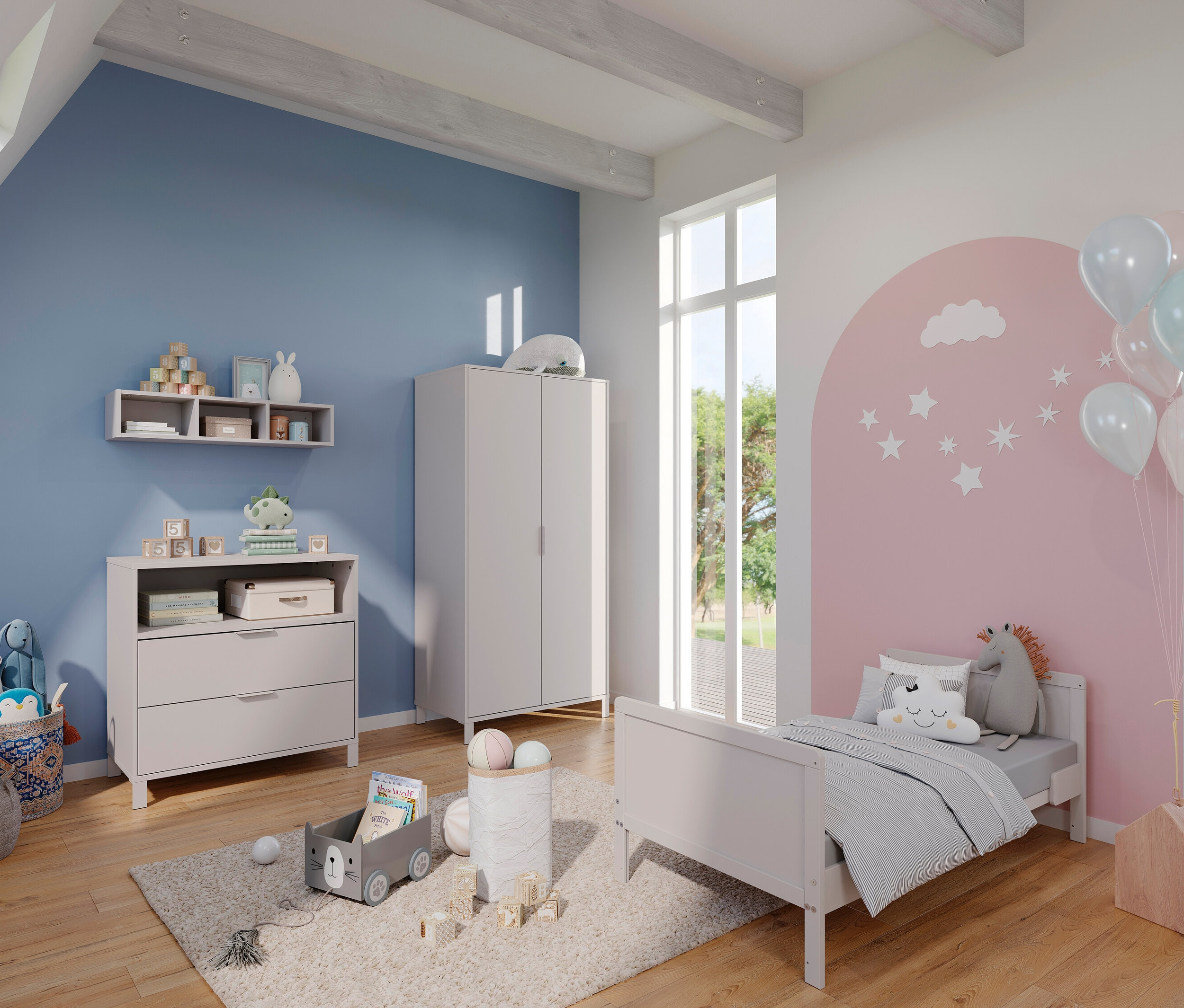 Kinderzimmer mit Bett, Kommode und Unterstell-/Wandregal »Alkmaar«.