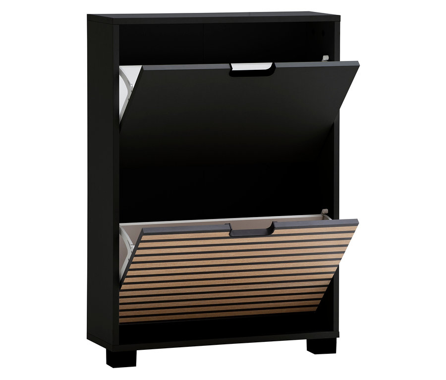 Schwarzer Schuhschrank mit zwei Klapptüren, die obere Tür ist schwarz, die untere Tür ist holzfarben mit schwarzen horizontalen Streifen.