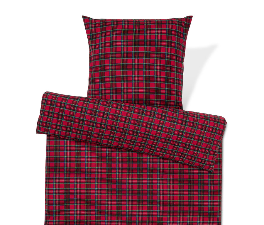 Rot karierte Bettwäsche mit Kissen.