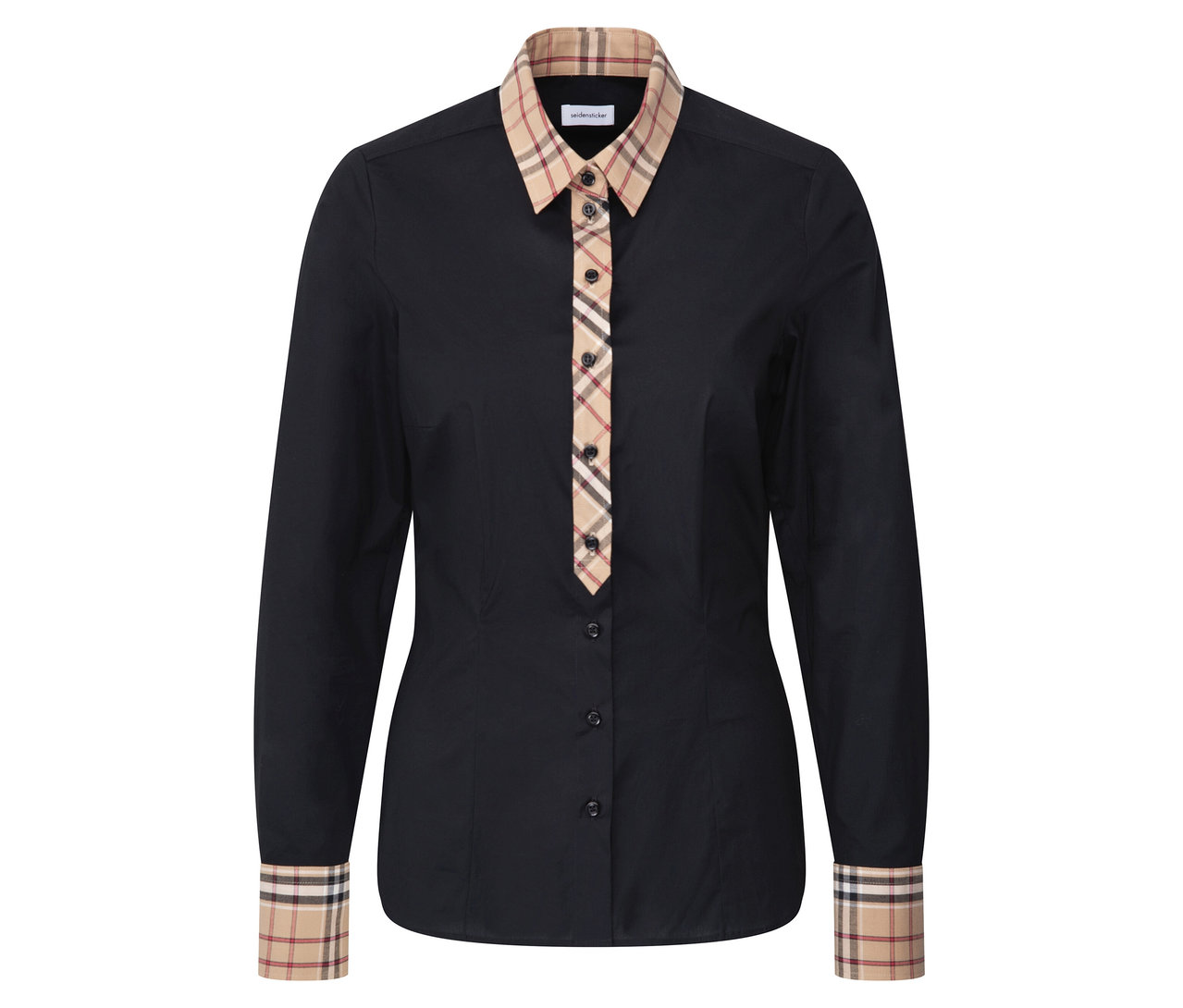 Ein schwarzes Langarmhemd mit kariertem Kragen und Manschetten.