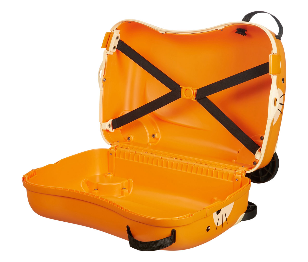 Geöffneter American Tourister Aufsitzkoffer »Funrider«, Tiger, mit schwarzen Spanngurten und Griff.