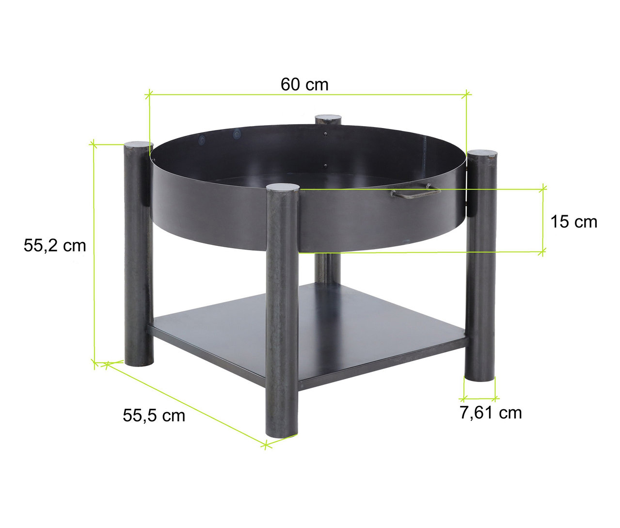 Eine Nahaufnahme einer schwarzen Feuerschale mit Maßen, die auf dem Bild angezeigt werden.