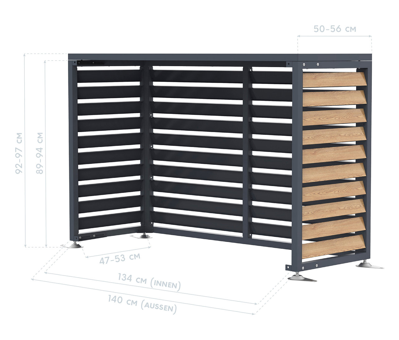 Abbildung eines Gerätehauses mit horizontalen Lamellen und Maßangaben.