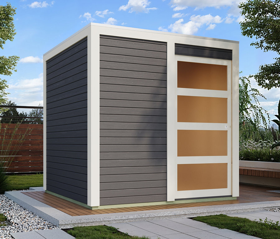 Das Bild zeigt ein Karibu Gerätehaus mit Schiebetür, 19 mm »Quentin 1«.