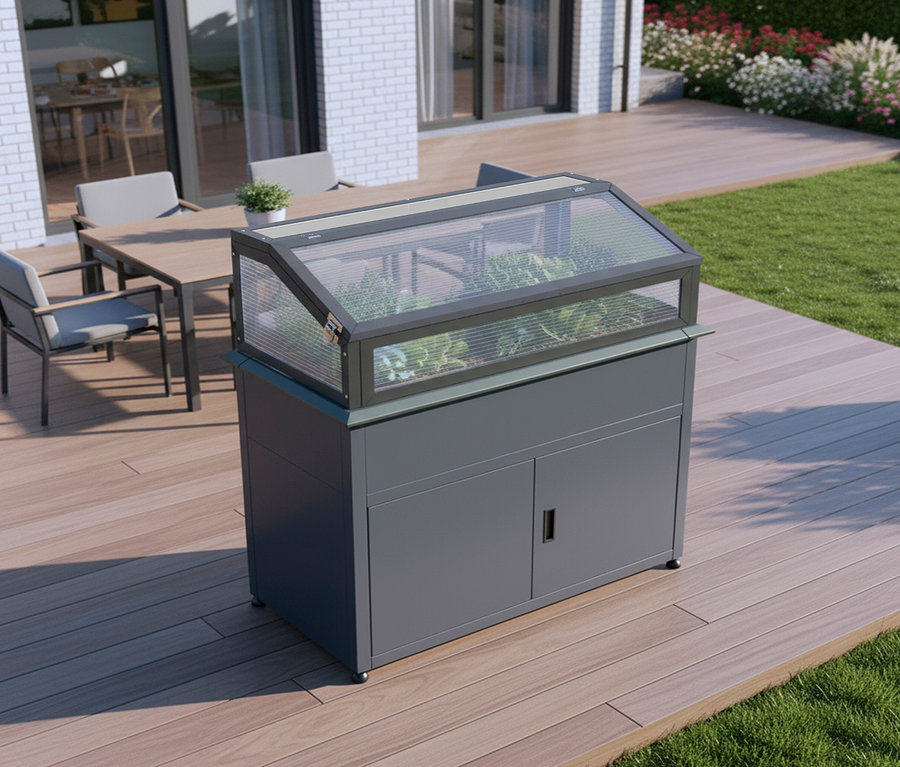 Grauer Pflanztisch mit Gewächshausaufsatz auf einer Holzterrasse. Im Hintergrund ein Gartentisch mit Stühlen.