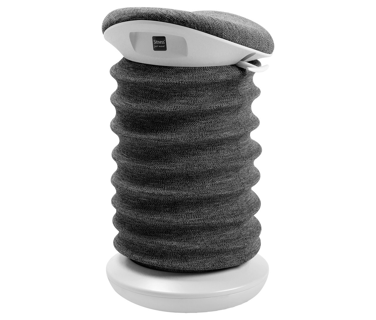 Der anthrazitfarbene Sitness 4D Hocker steht auf einem weißen Hintergrund.