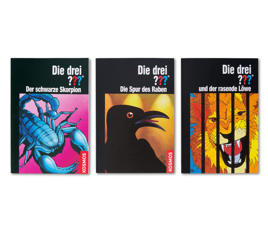 Drei Taschenbücher »Die drei ???« mit Abbildungen von Skorpion, Rabe und Löwe.