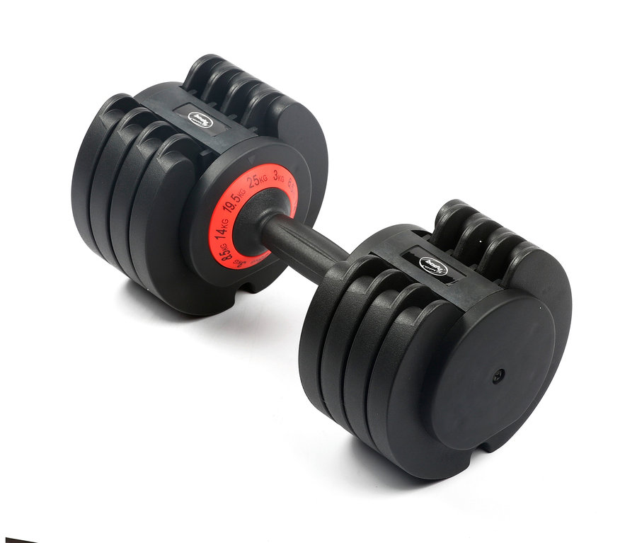 Eine schwarze, verstellbare Body Coach Kurzhantel (3 – 25 kg) auf weißem Hintergrund.