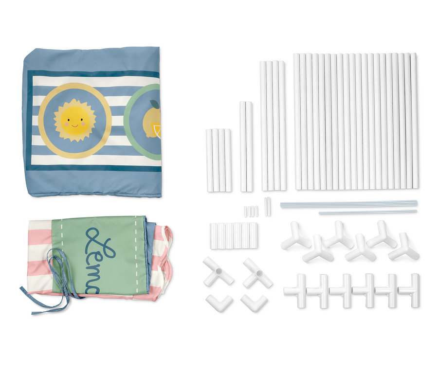 Ausgebreitetes Spielzelt »Limonaden-Stand« mit Stoffbezug, Rohrsatz und Verbindungsstücken.