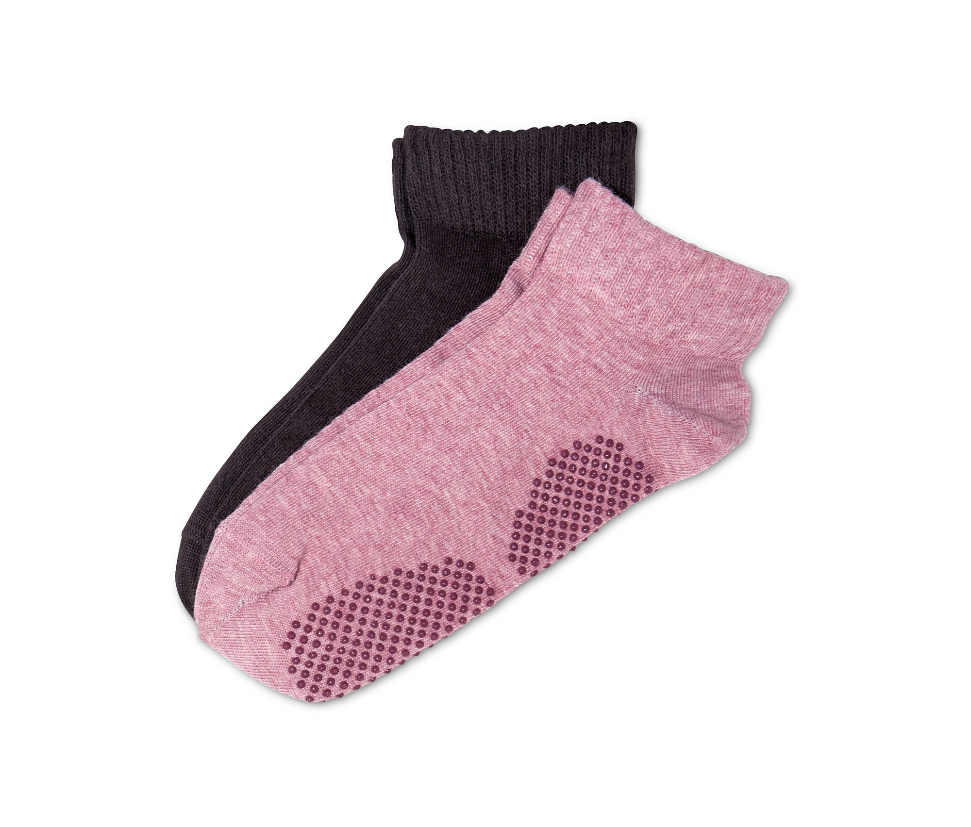 Zwei Paar Yogasocken: ein Paar rosa mit rutschfester Sohle, ein Paar dunkelbraun.
