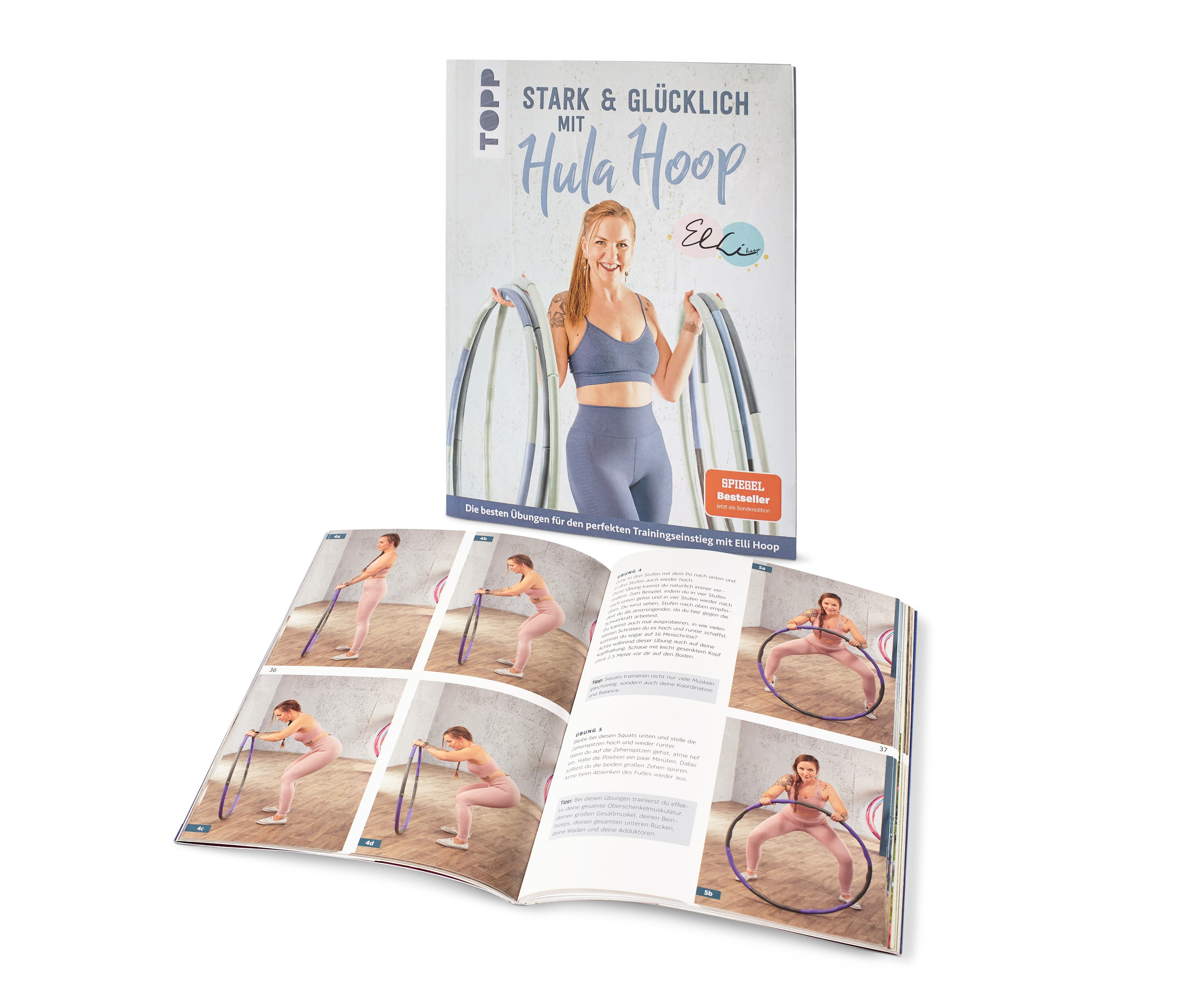 Buch „Stark & glücklich mit Hula Hoop“ und ein offenes Buch, das eine Frau beim Training mit einem Hula-Hoop-Reifen zeigt.