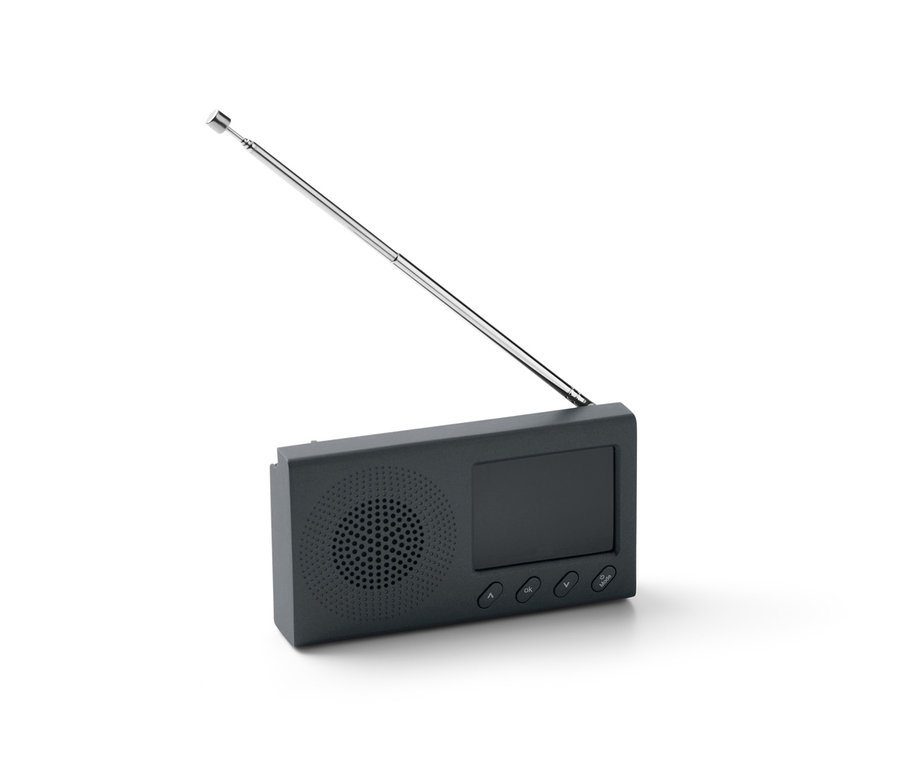 Schwarzes, tragbares DAB/FM-Radio mit Bluetooth und ausgezogener Antenne.
