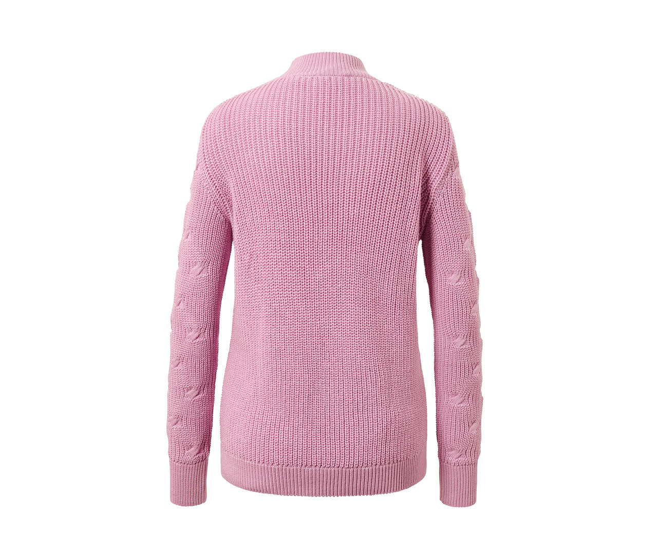 Rückansicht eines Pullovers mit Zopfmuster.