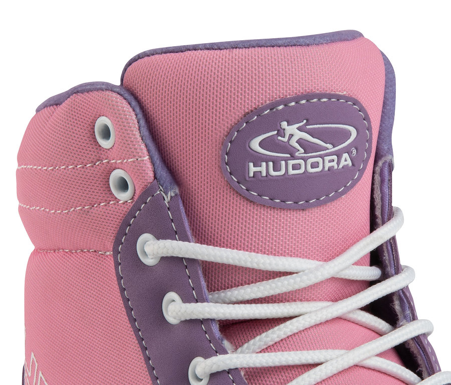 Detailansicht eines rosa HUDORA Roller-Skates »Advanced« mit weißen Schnürsenkeln.