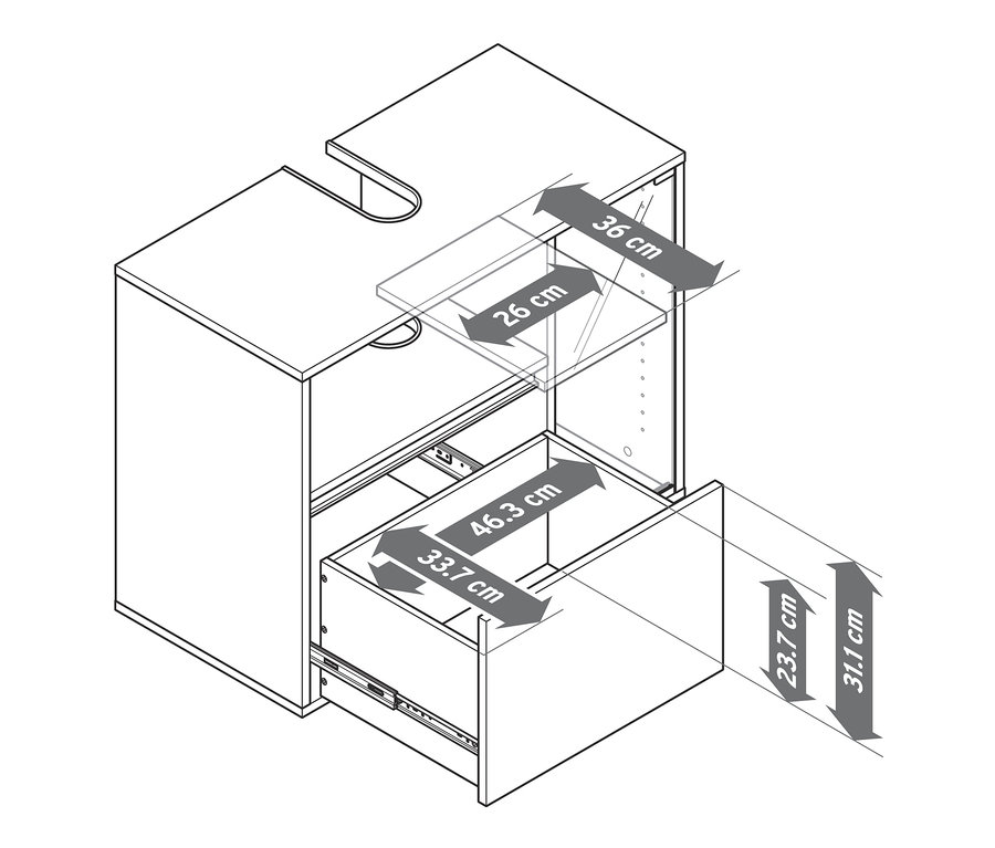 Skizze eines Waschbeckenunterschranks fürs Bad mit Maßangaben.