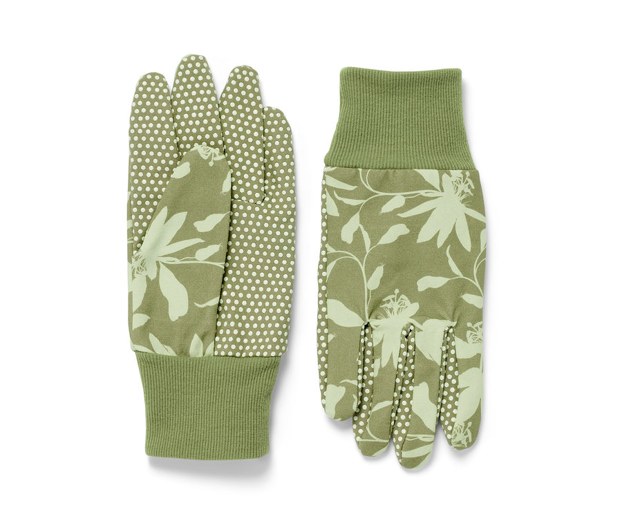 Zwei Garten-Handschuhe mit Blumen- und Punktmuster.