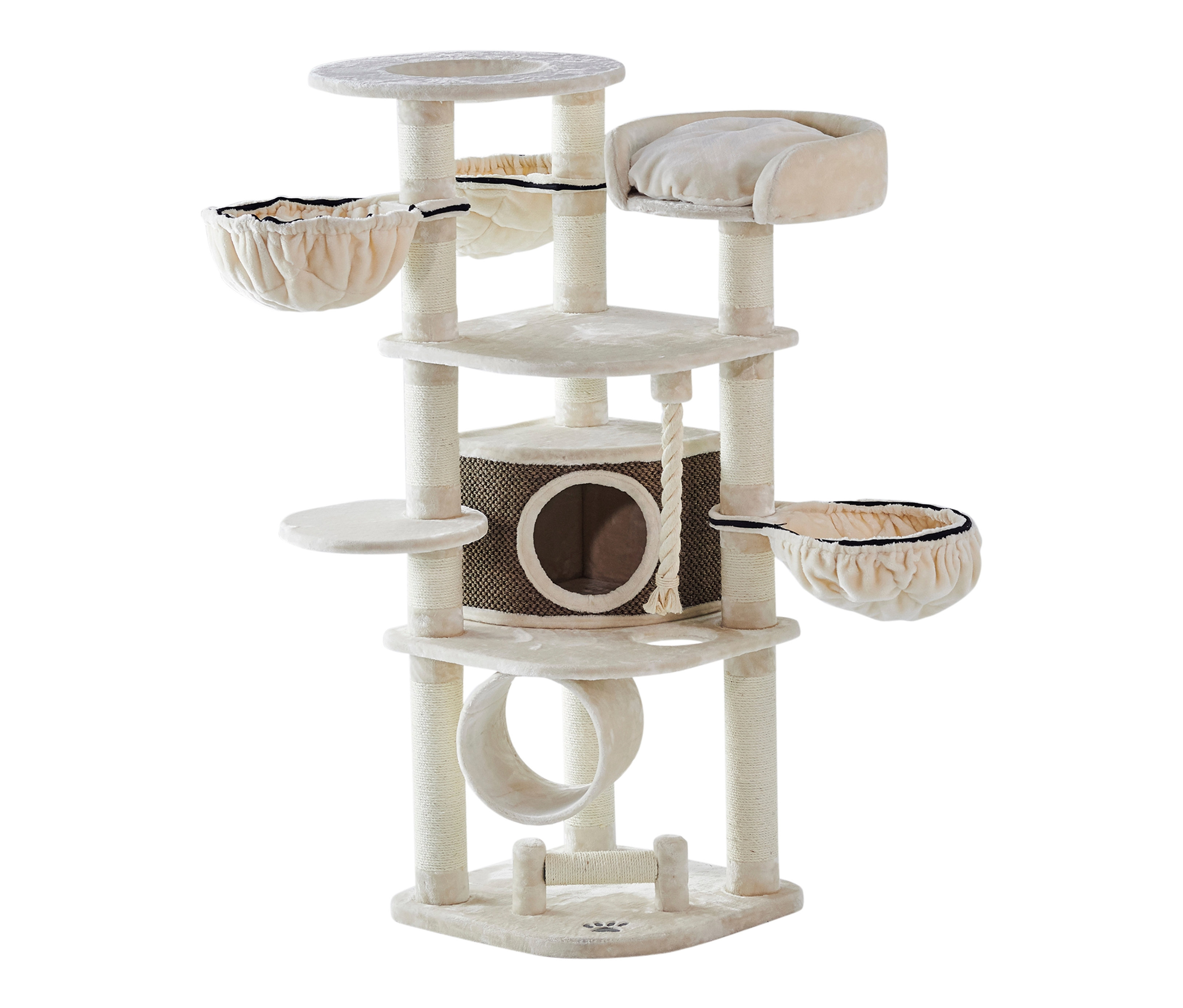 Beiger mehrstufiger Kratzbaum »ELIF« mit Sitzstangen, Plattformen und Hängematte.