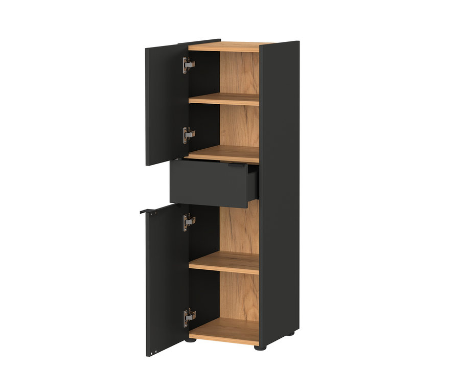 Frontansicht des Schranks »Aalborg« in Graphit/Navarra-Eiche-Nachbildung, mit offenen oberen und unteren Türen und einer Schublade.