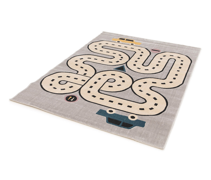 Kinderteppich COCOON »Städte«, 120 x 170 cm mit Straßenmuster und Autos auf grauem Grund.