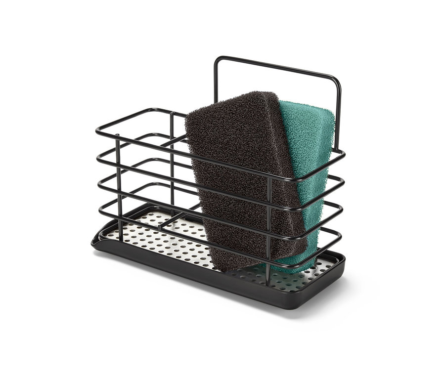 Schwarzer Spülutensilien-Ständer aus Metall mit schwarzem und grünem Schwamm.