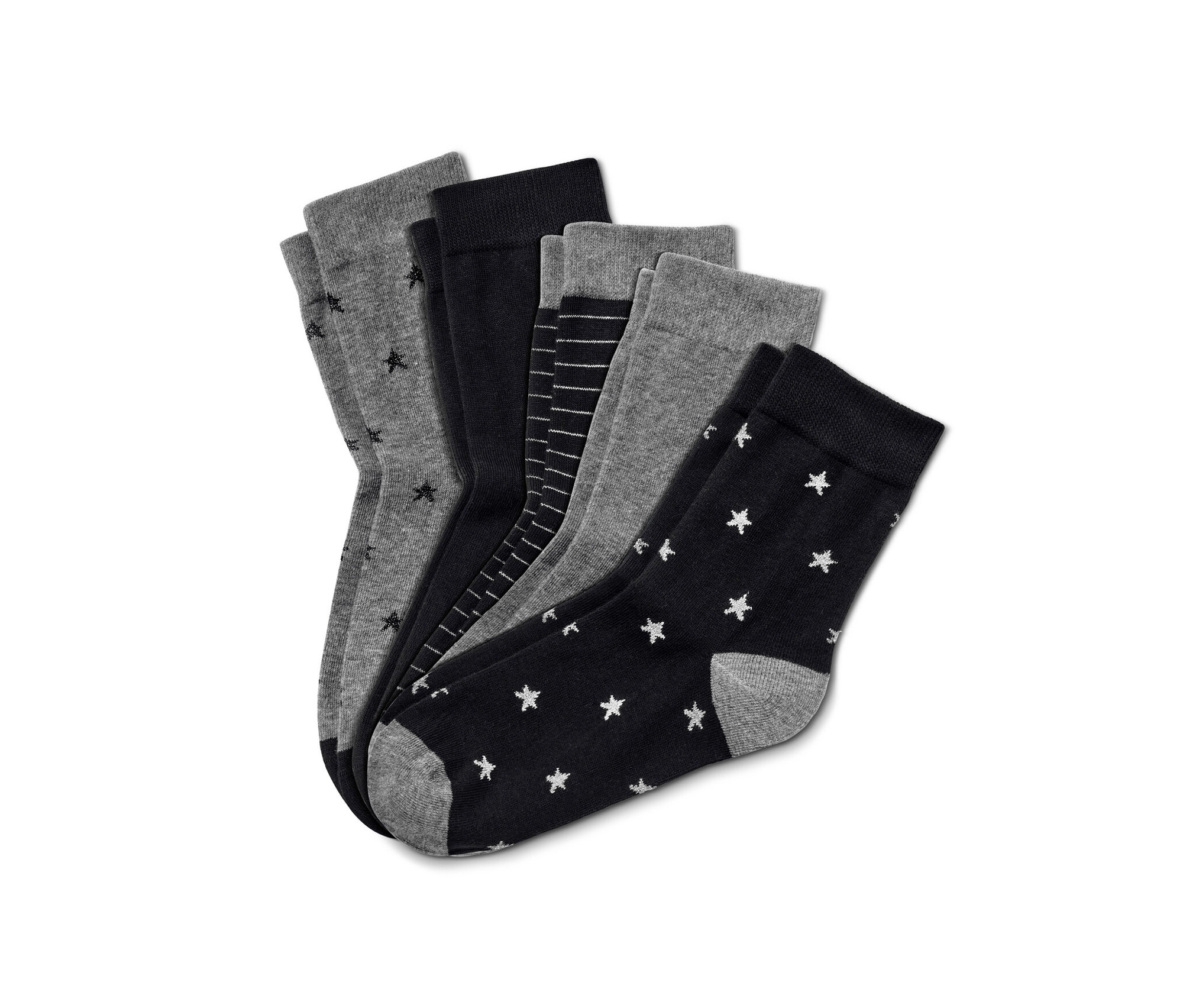 Fünf Paar Socken in verschiedenen Farben und Mustern.