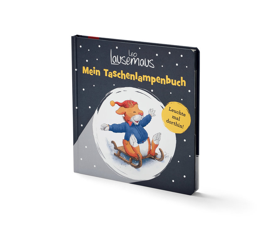 Buch "Leo Lausemaus – mein Taschenlampenbuch" auf weißem Hintergrund.
