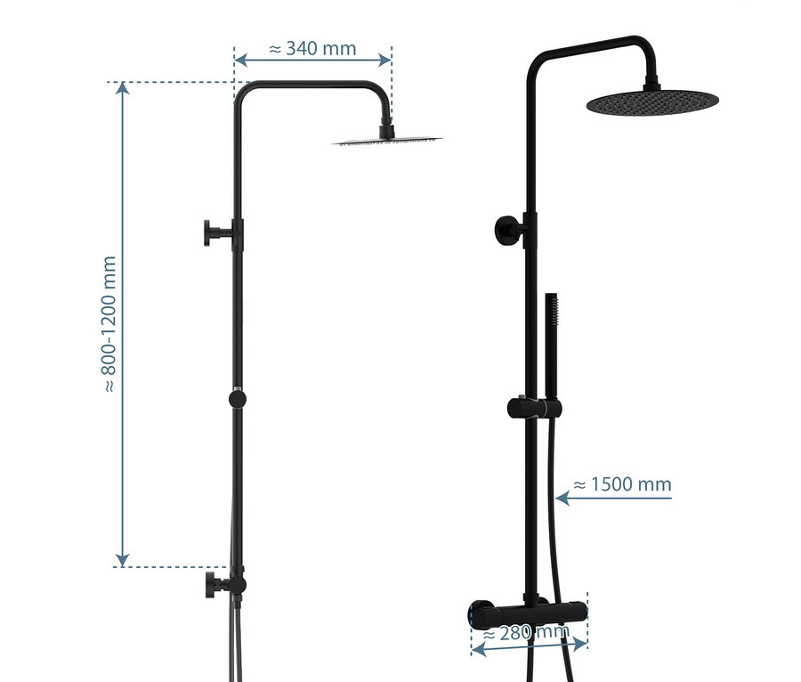 Schwarzes Duschsystem »AQUADUCT« mit Maßangaben.