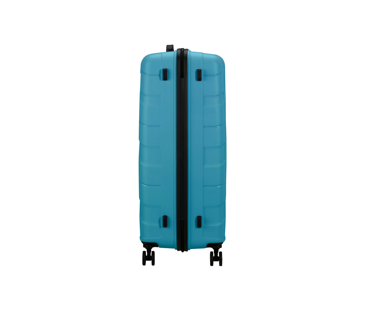 Rückansicht eines großen, hellblauen American Tourister Jetdriver 3.0 Koffers.